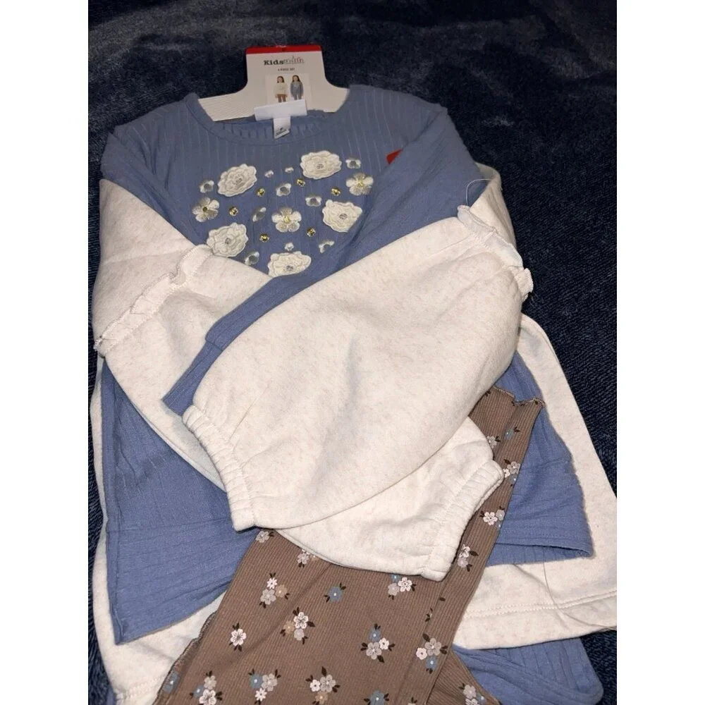 KHQ Kids' 4-piece Playwear Set Girls Two Tops Two Pants Sz 6 Flowers Unicorn